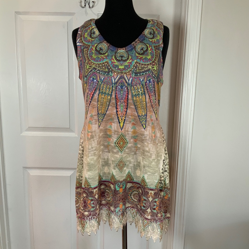 Vocal Multicolor Boho Printed Lace-Hem Tank - Cream Base